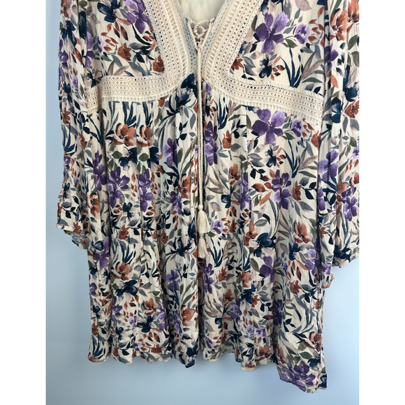 Torrid Mini Gauze Lace-Up Skater Dress Bell Sleeve Floral Plus Size 3 3X Boho - Picture 9 of 16
